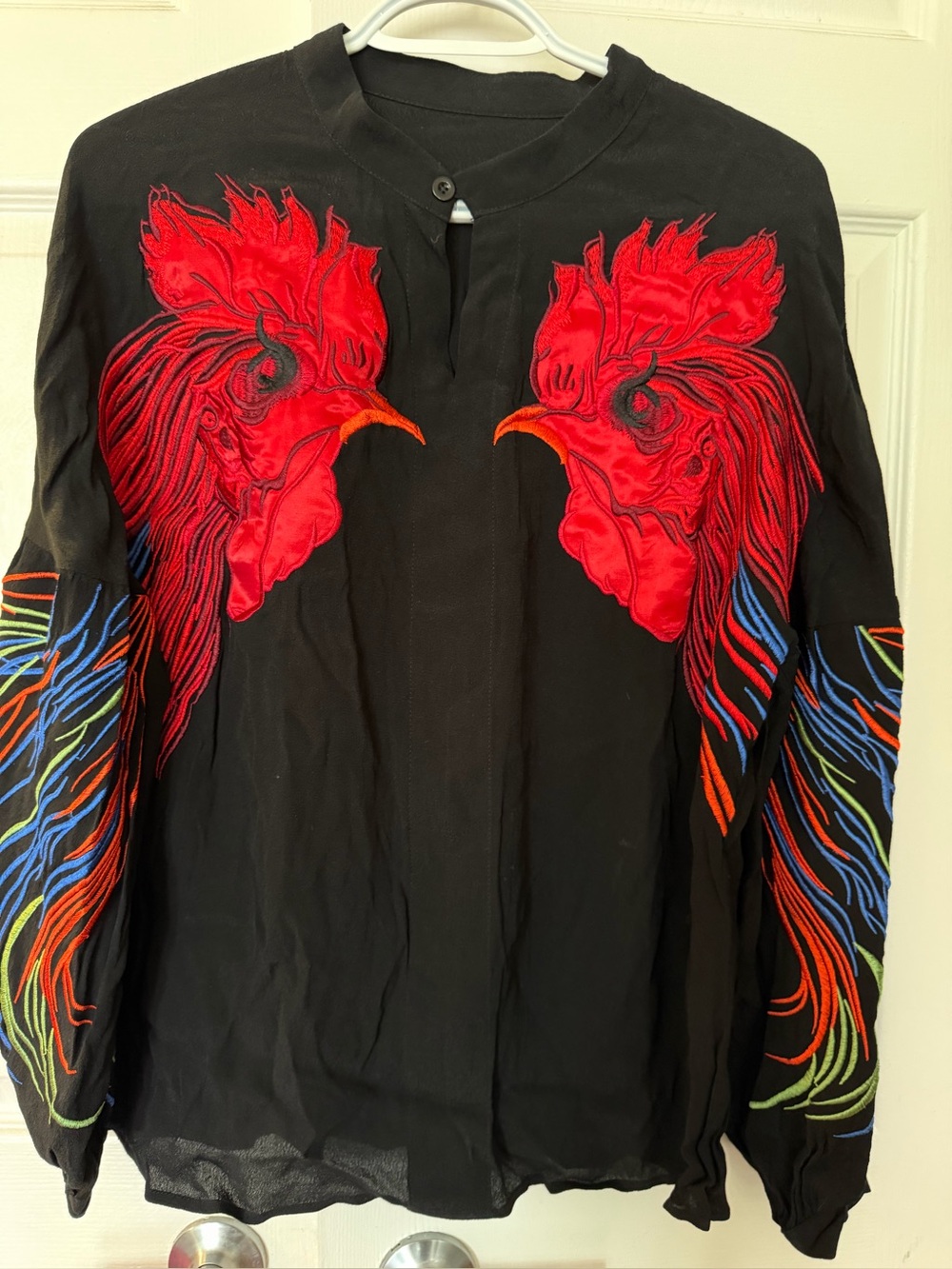 Women's Black Button-Down Shirt with Red Rooster Embroidery